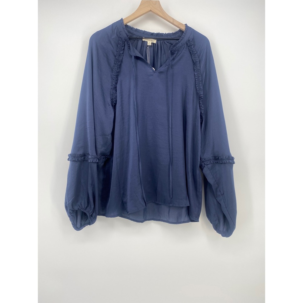 Cotton Bleu Gemma Satin Blouse Medium Navy Blue Ruffle Balloon Sleeve NWT